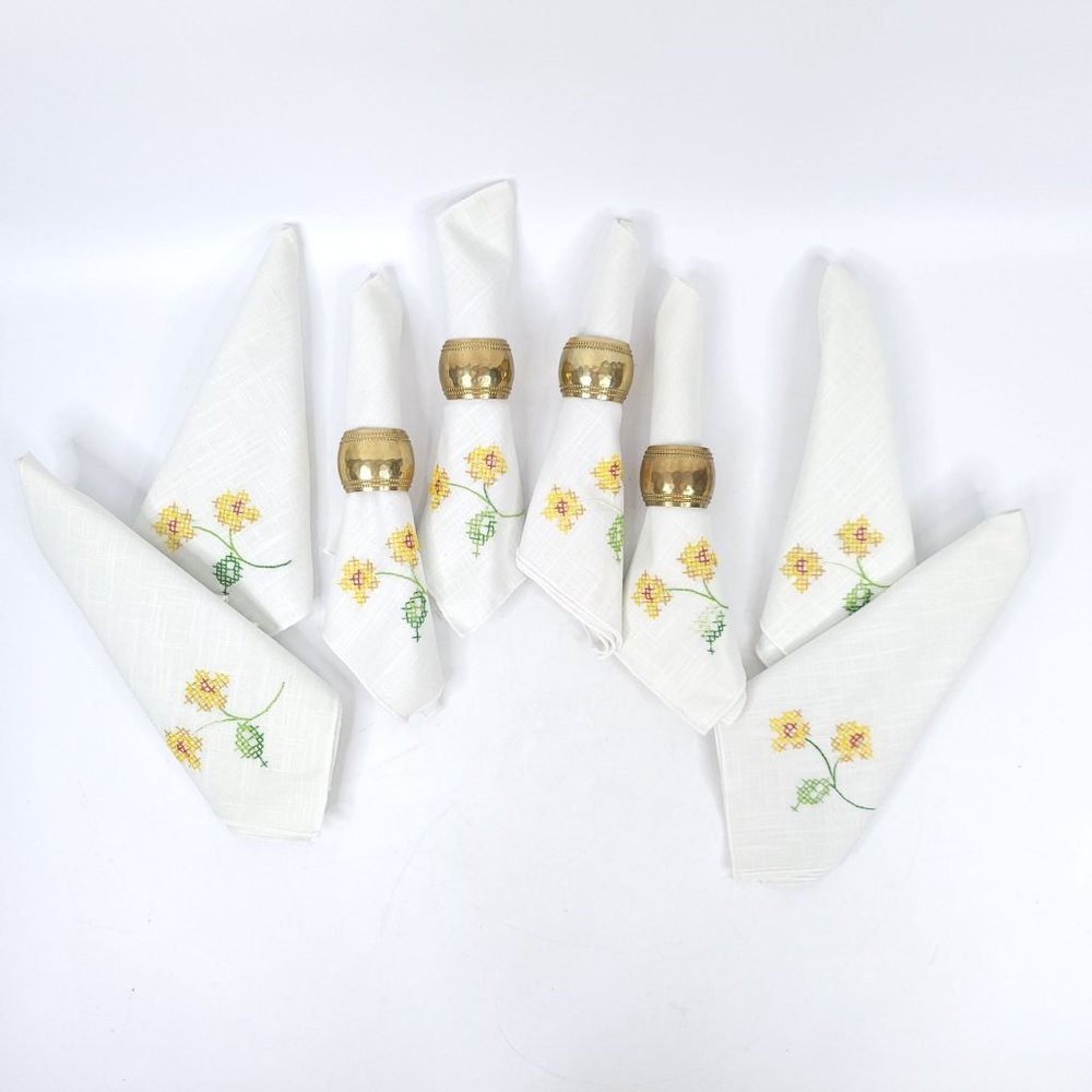 Set of 8 Embroidered Napkins 4 Napkin Rings STAIN READ Floral Cross Stitch